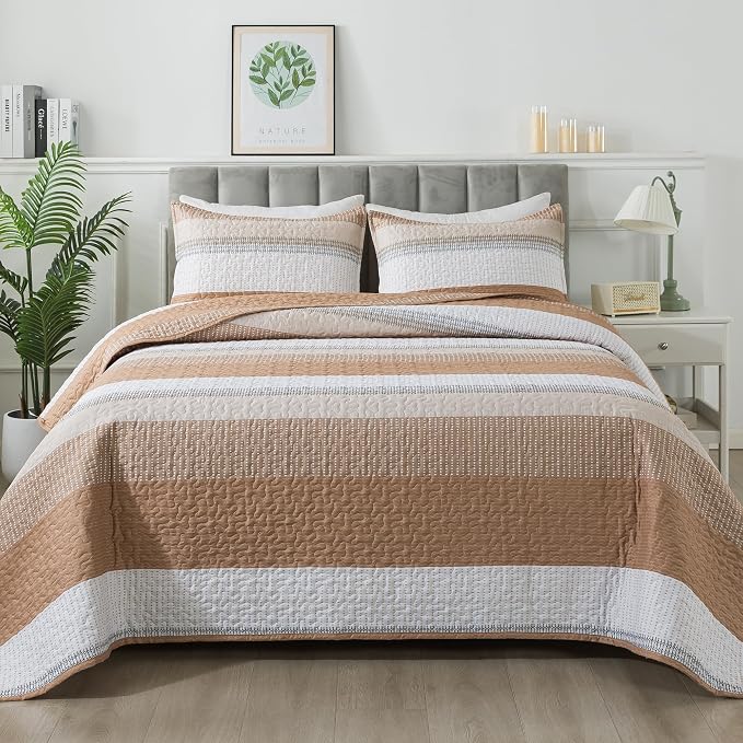 Andency Taupe Striped Quilt King, 3 Pieces Patchwork Bedspread Coverlet Set - Image 9