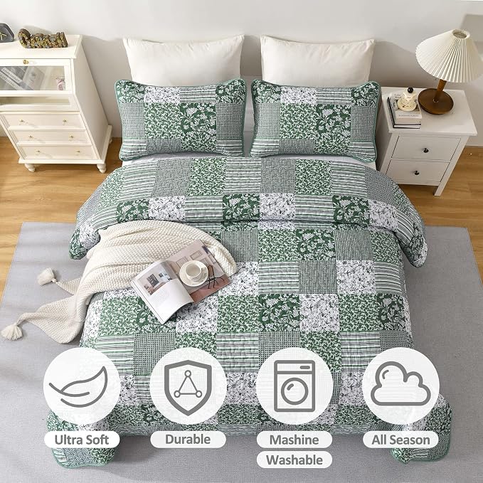 Mybedsoul Sage Green Boho King Quilt Set, 3-Piece Reversible Soft Plaid Floral - Image 3
