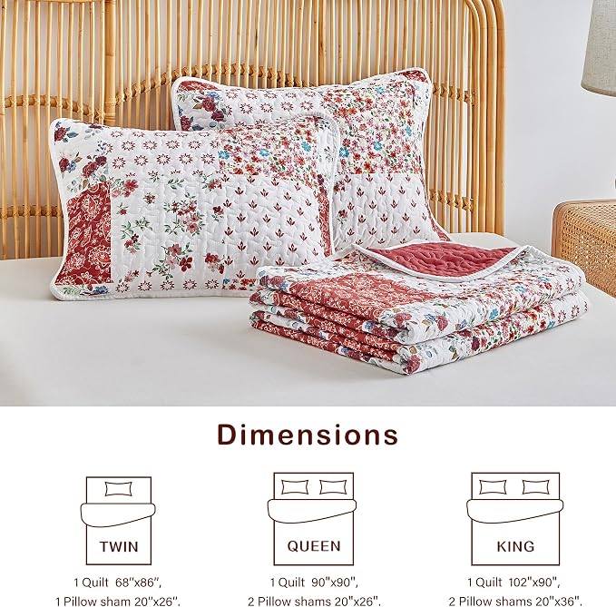 Joyreap 3 Pieces Floral Patchwork Quilt Set Twin, Burgundy Red n White Flowers - Image 6
