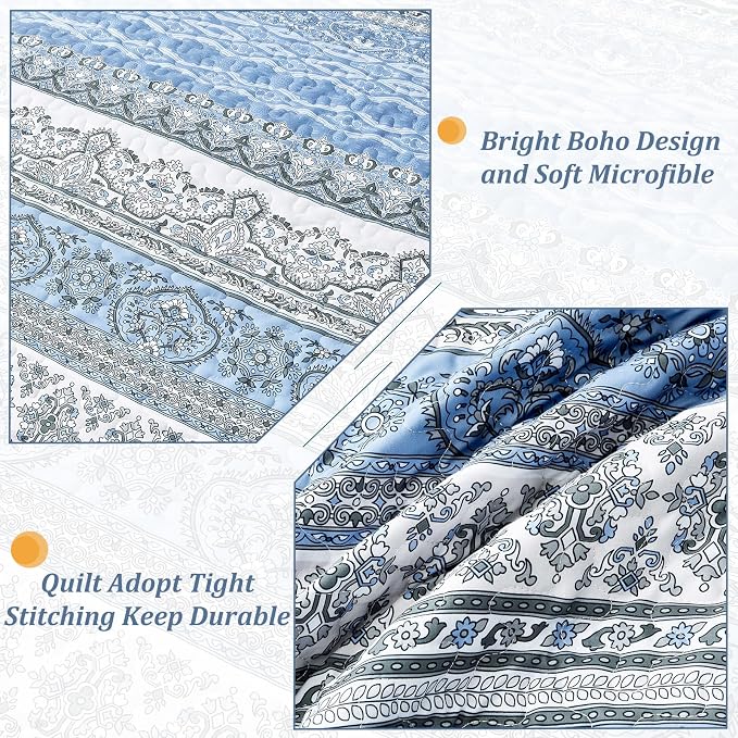 WONGS BEDDING Boho King Quilt Set, Light Blue Bohemian King Quilt Bedding Set - Image 5