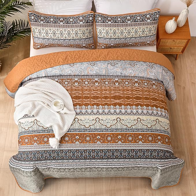 WONGS BEDDING Boho Queen Quilt Set, Fall Lightweight Bed Decor Bedspread - Image 3