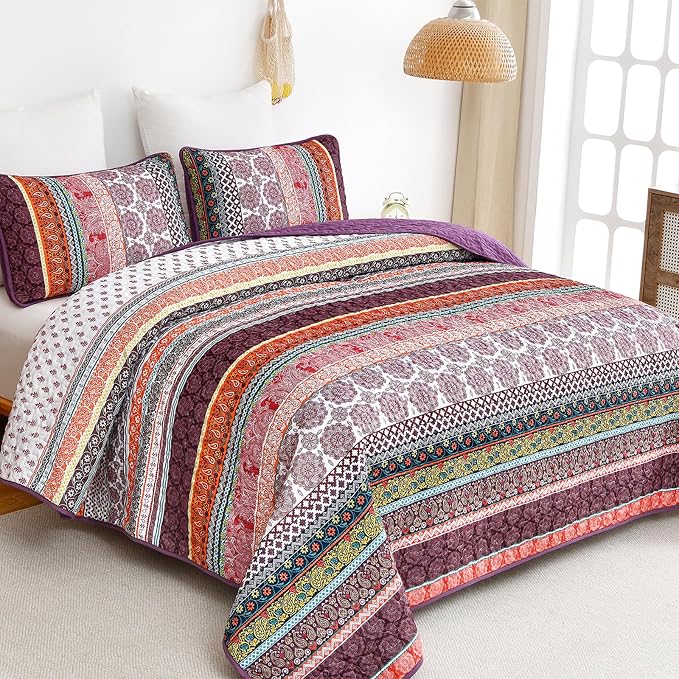 WONGS BEDDING Boho Quilt Set King Size, Lightweight Soft Microfiber Bedding Set - Image 2