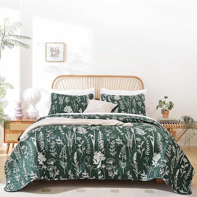 JANZAA Quilts Queen Size Emerald Green Floral Queen Quilt Bedding Set - Image 5