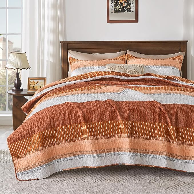 Andency Orange Quilt Cal King, 3 Pieces Patchwork Striped Bedspread Coverlet Set by Andency