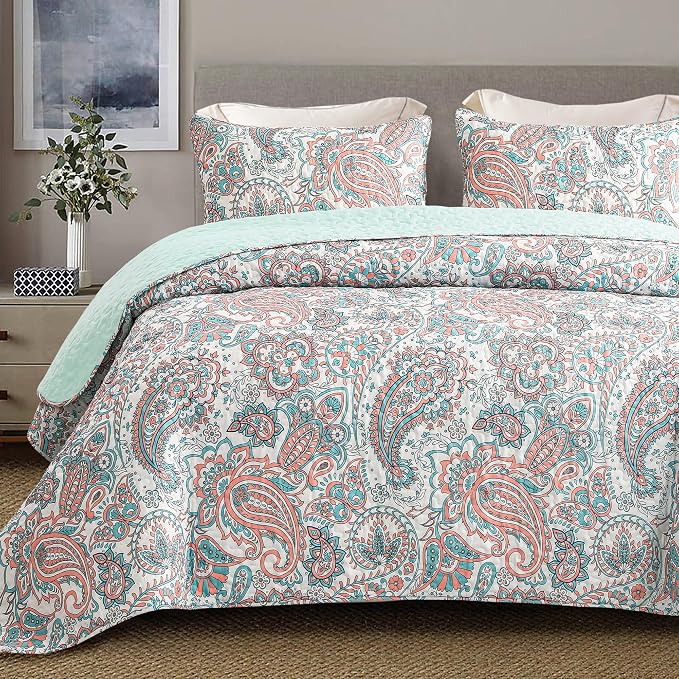 Exclusivo Mezcla Reversible Boho Quilts Queen Size, Aqua Bedspreads Lightweight by ExclusivoMezcla