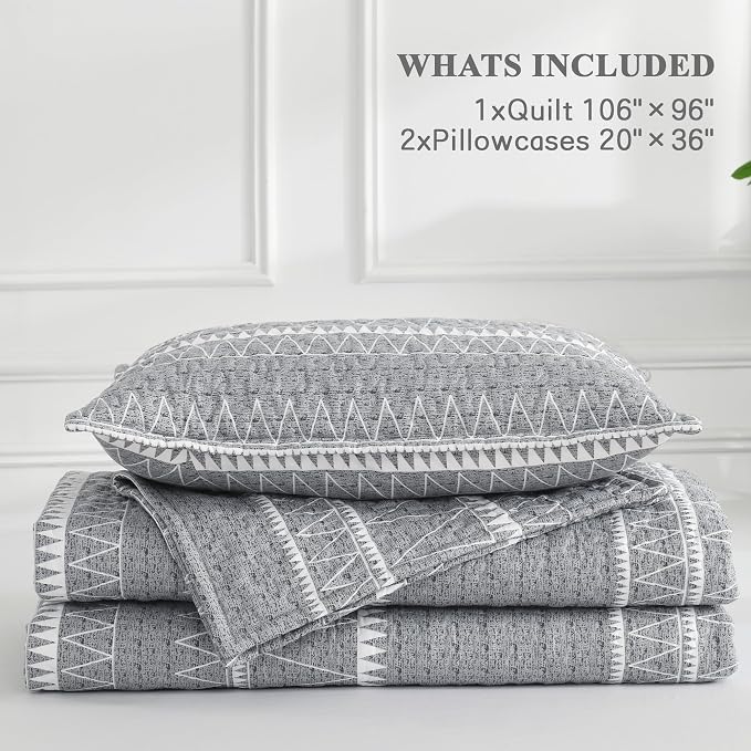 Andency King Size Quilt Set Grey, 3 Pieces Boho Lightweight Soft Striped - Image 8