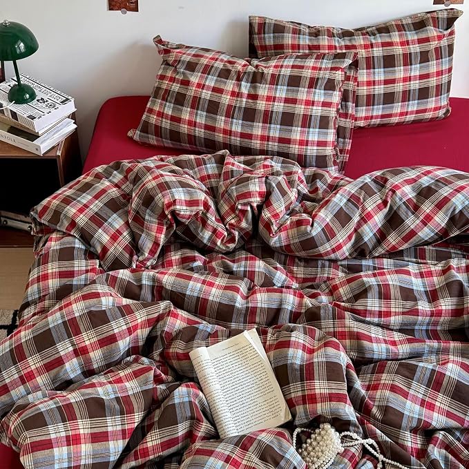 mixinni Vintage Red & Brown Buffalo Plaid Duvet Cover Set Twin XL Size by mixinni