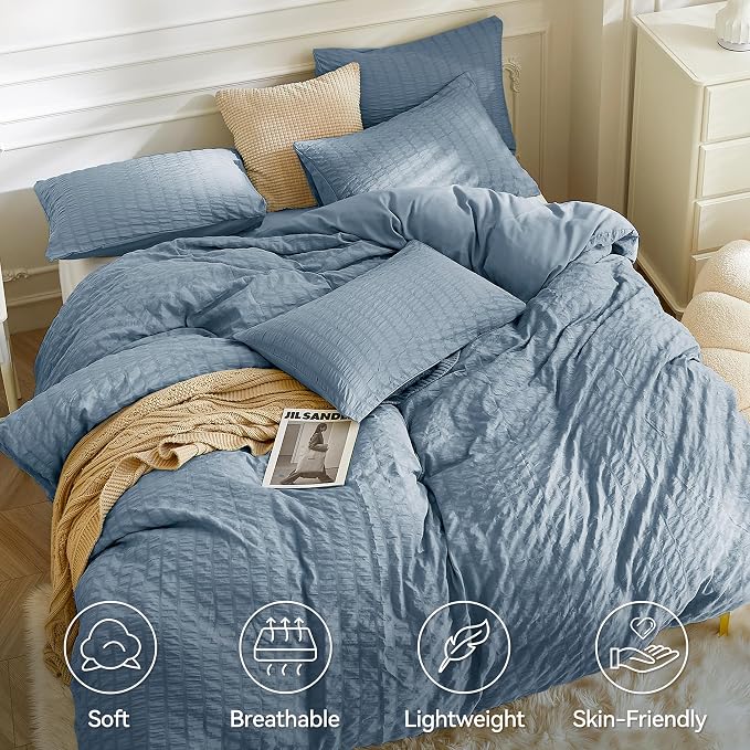 JELLYMONI Sierra Blue Duvet Cover King Size, Soft Breathable Seersucker Duvet - Image 2