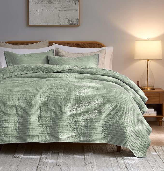 PALASSIO Striped Sage Green 100% Cotton Quilt California Cal King Size Bedding by PALASSIO