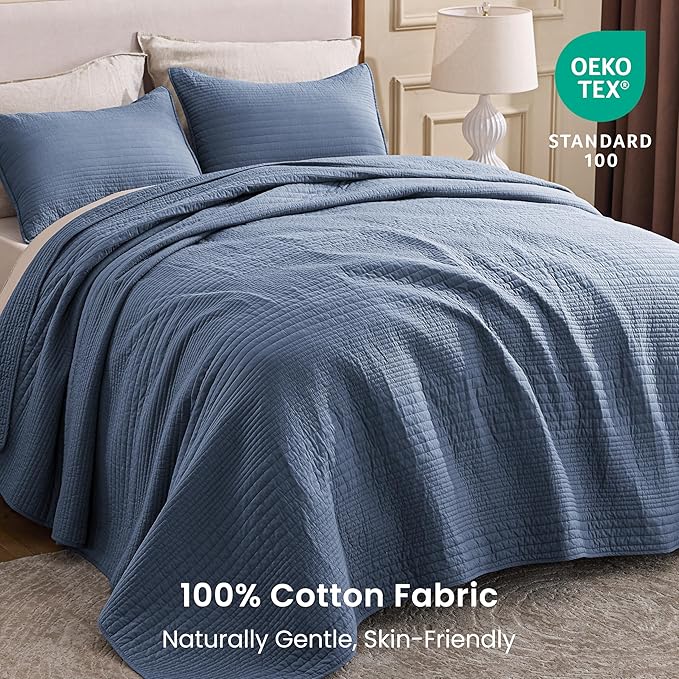 Love's cabin Queen Size Cotton Quilt Set, 100% Cotton Fabric Striped Textured - Image 2