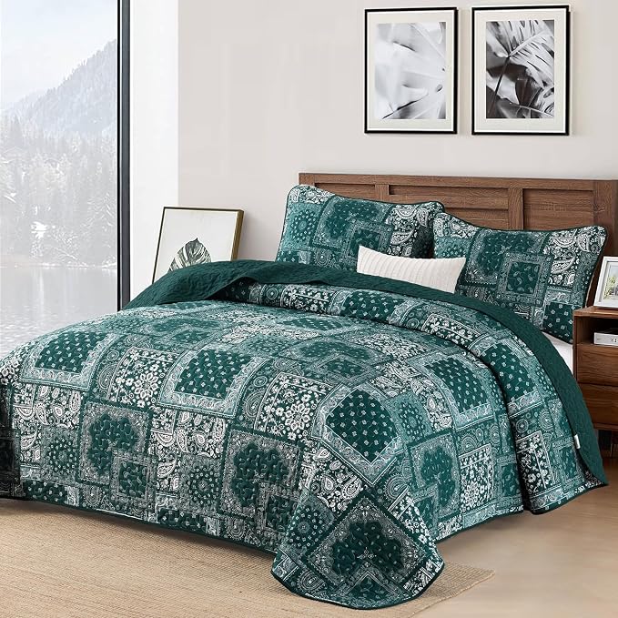 Cottolester King Quilt Set 3 Pieces, Emerald Green Patchwork Quilt Set - Image 2