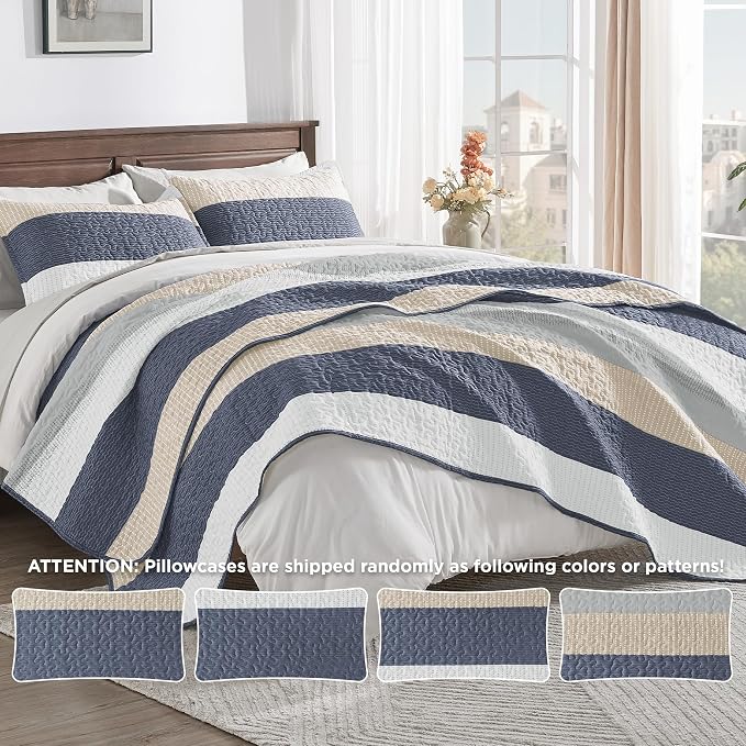 Andency Queen Quilt Bedding Set Yellow Blue, 3 Pieces Patchwork Summer Striped - Image 6