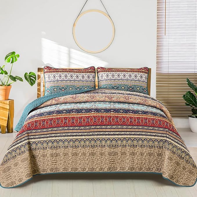 WONGS BEDDING Boho Queen Quilt Set, Lightweight Microfiber Bed Decor Bedspread by WONGSBEDDING