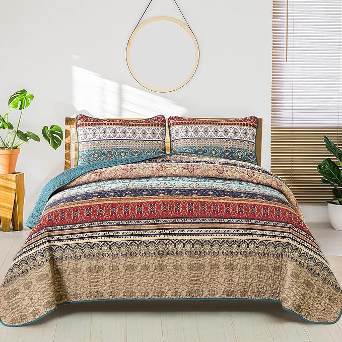 WONGS BEDDING Boho King Quilt Set, Lightweight Microfiber Bed Decor Bedspread by WONGSBEDDING