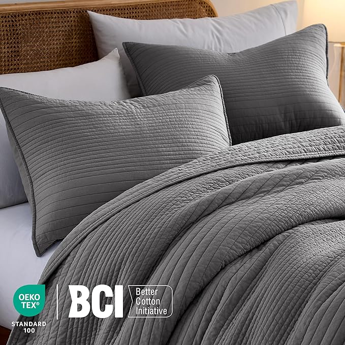 palassio Striped Dark Grey 100% Cotton Quilt Twin Size Bedding Sets, - Image 3