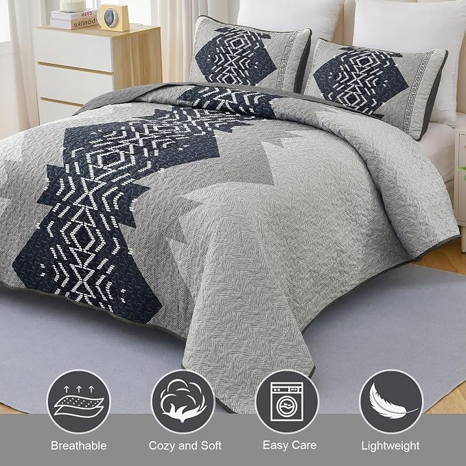 Dintszyayue King Quilt Set Boho, 3 Piece Navy Bedding Coverlet Set Aztec - Image 3