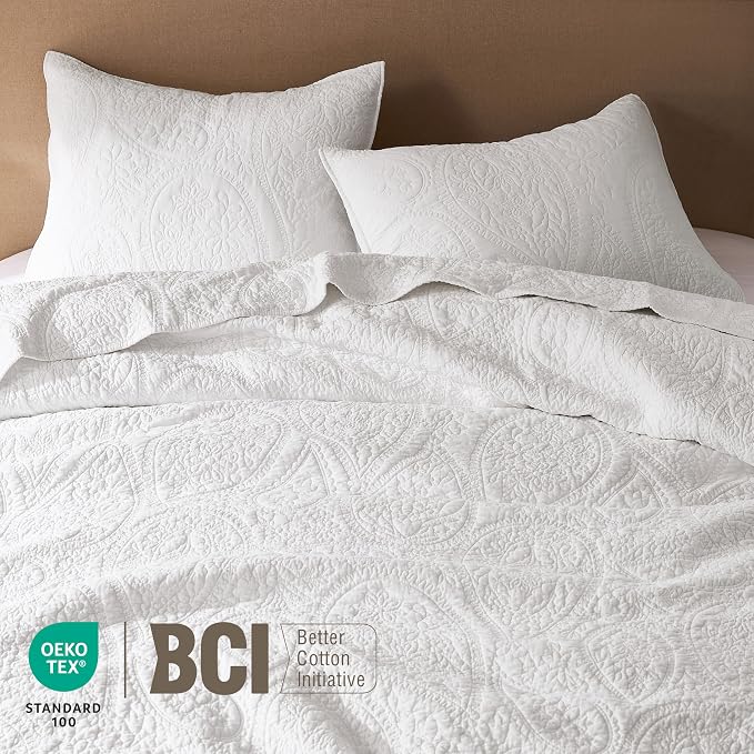 palassio White Paisley 100% Cotton Quilt Twin Size Bedding Sets - Image 3