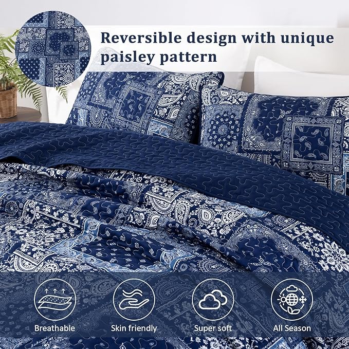 Cottolester Blue Patchwork Quilt Set Queen Size, Boho Navy Blue Quilt Set - Image 3