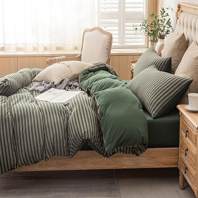 PURE ERA Forest Green Stripe Jersey Duvet Cover Set King Size 100% T-Shirt - Image 2