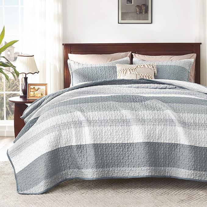 Andency Grey Striped Quilt King, 3 Pieces Patchwork Bedspread Coverlet Set by Andency