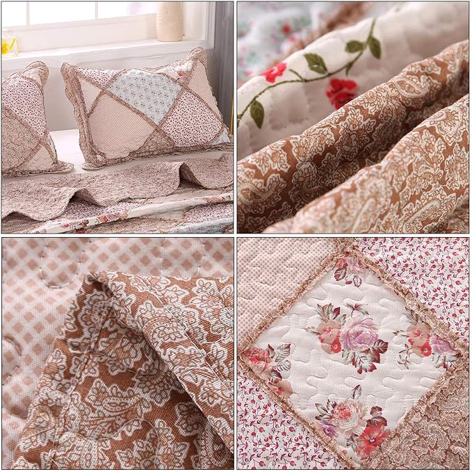 VIVILINEN Queen Size Quilt Set 3-Piece Light Pink Floral Patchwork Reversible - Image 7