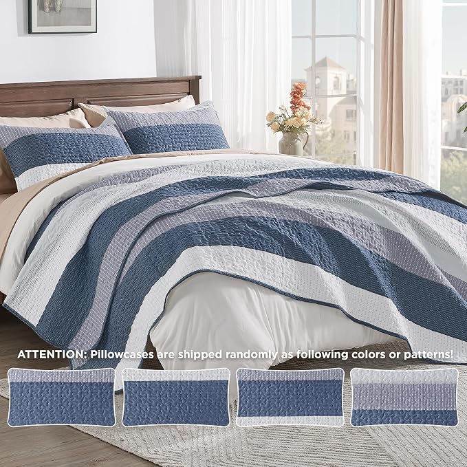 Andency Oversized Queen Quilt Bedding Set, 98x98Inch Mineral Blue Stripe - Image 5