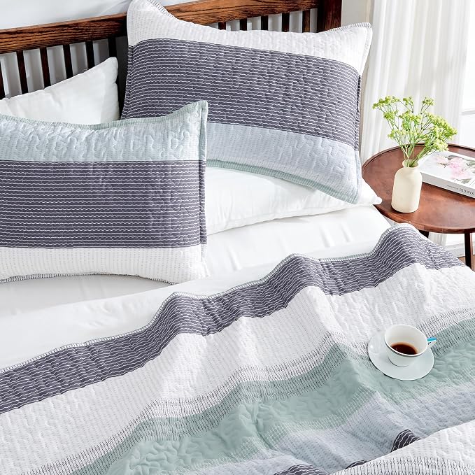 Andency Stripe Quilt Set Twin, 2 Pieces Mint Green Patchwork Striped Bedspread - Image 3