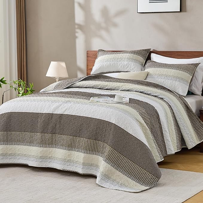 Andency Queen Quilt Bedding Set Mocha Brown, 3 Pieces Patchwork Summer Striped - Image 7