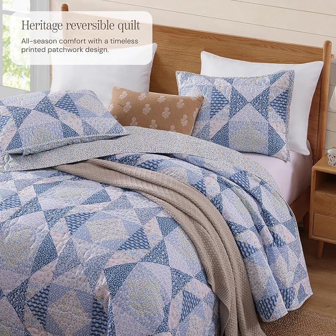 BLOOMHAVEN Quilt Set Queen Size, Patchwork Blue Marigold Floral Quilt Sets - Image 2