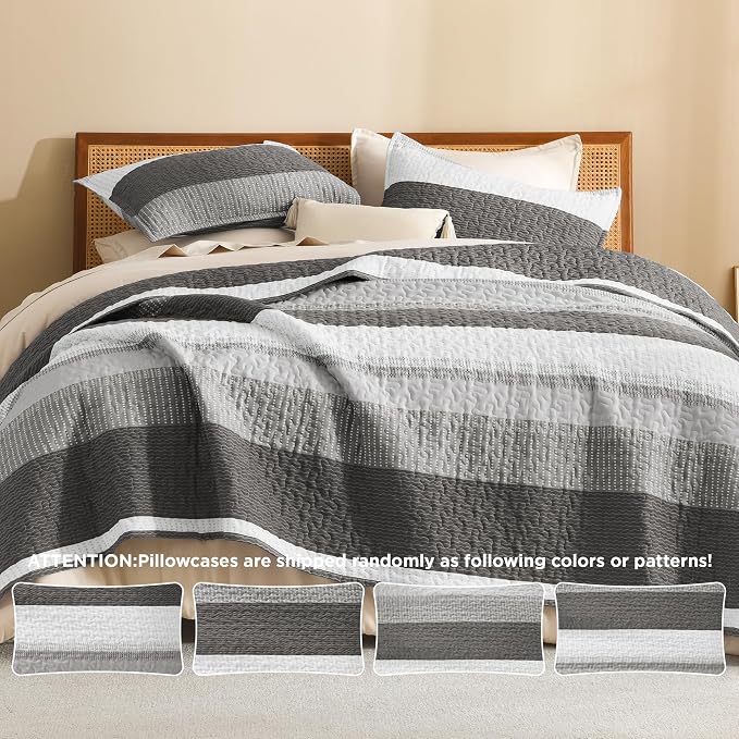 Litanika Oversized King Quilt Set Dark Grey, 128x120 Stripe Bedspread Coverlet - Image 5