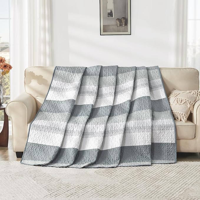 Andency Grey Striped Quilt King, 3 Pieces Patchwork Bedspread Coverlet Set - Image 9