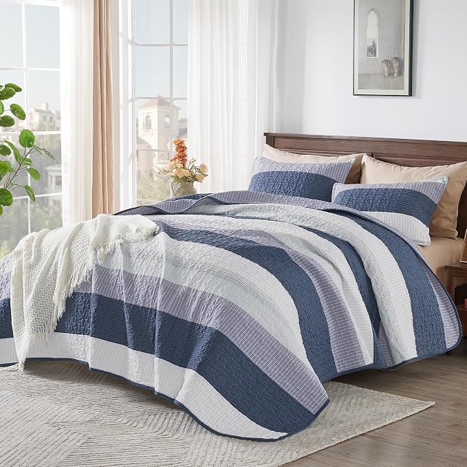 Andency Oversized Queen Quilt Bedding Set, 98x98Inch Mineral Blue Stripe - Image 2
