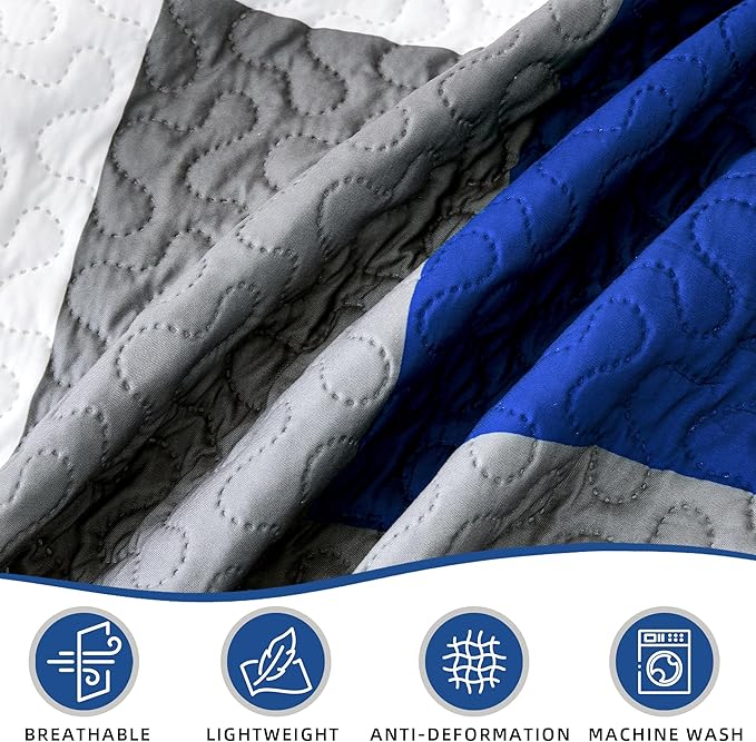Tyrot 3 Piece Blue White Grey Quilt Set Full/Queen Size Black White Geometric - Image 6