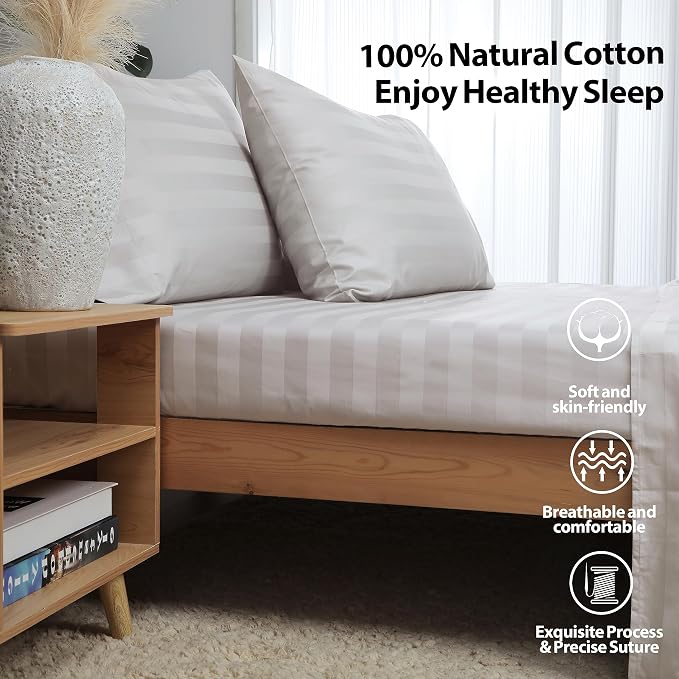 Twin XL Size Striped Fitted Sheet Only Light Beige Color, 100% Egyptian Cotton - Image 2