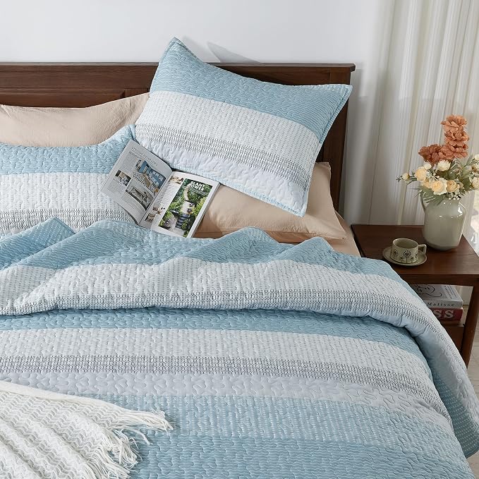 Andency Queen Quilt Bedding Set Aqua Blue, 3 Pieces Patchwork Summer Striped - Image 3