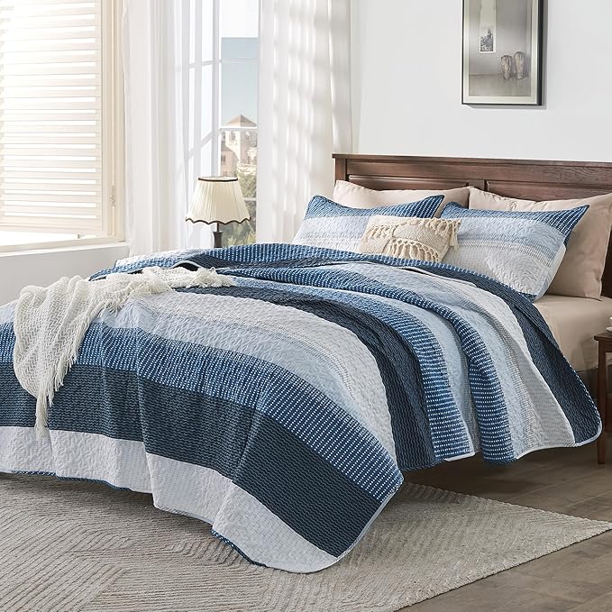 Andency Navy Blue Striped Quilt King, 3 Pieces Patchwork Bedspread Coverlet Set - Image 3