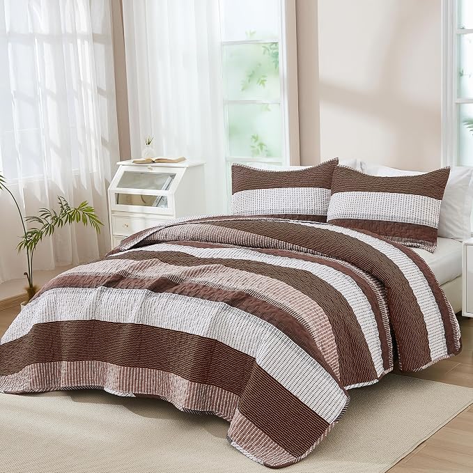 Andency Queen Quilt Bedding Set Brown, 3 Pieces Patchwork Coffee Striped Ultra - Image 6