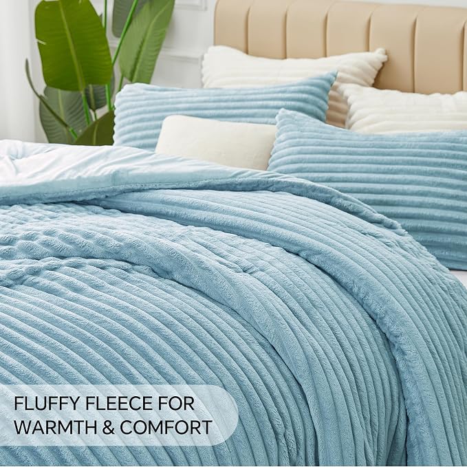 BEDELITE Fleece Queen Comforter Set -Super Soft & Warm Fluffy Light Blue Bedding - Image 6
