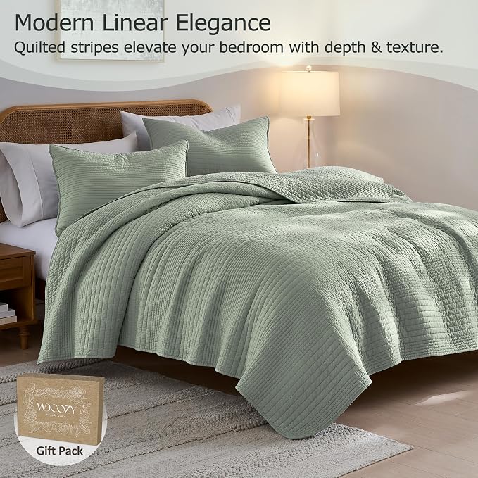 palassio Striped Sage Green 100% Cotton Quilt Queen Size Bedding Sets, - Image 2
