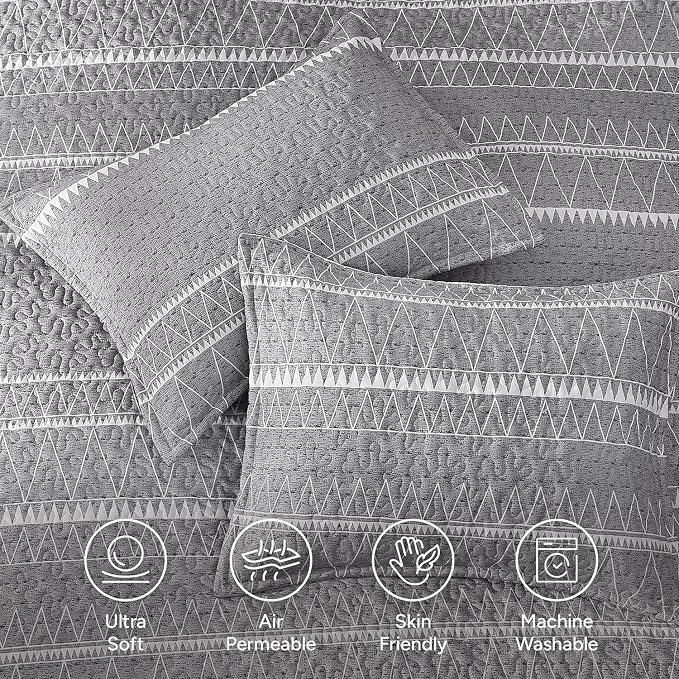 Andency Oversized Super King Quilt Set Grey, 3 Pieces Boho Lightweight Soft - Image 5