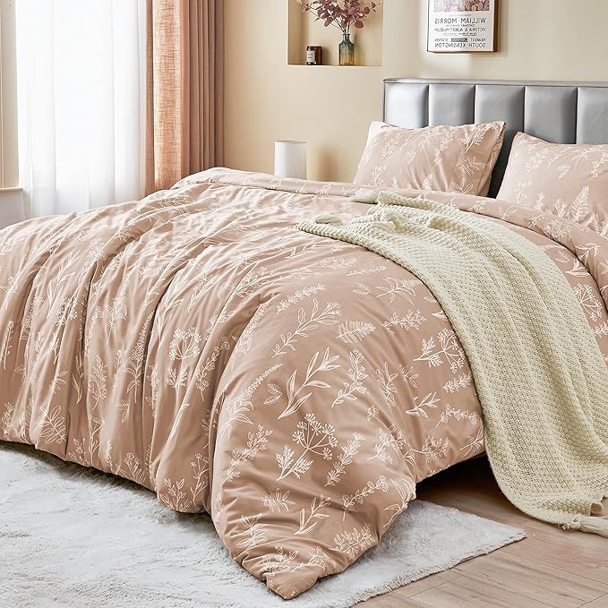 MUXHOMO Duvet Cover Queen Size, Reversible Floral Rosy Gold Duvet Cover Set by MUXHOMO