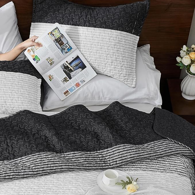 Andency Oversized King Quilt Bedding Set, 120x98Inch Black White Stripe - Image 4