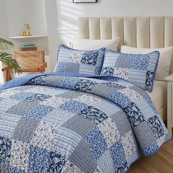 Mybedsoul Blue Quilt Set California King, 3 Pieces Plaid Floral Bedspread Set - Image 2