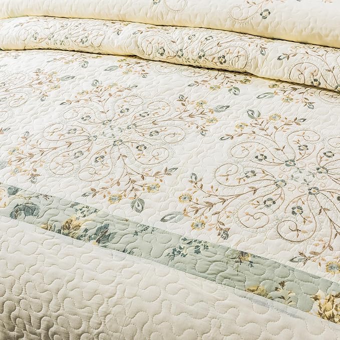 ROOMLIFE Quilt Set King Size 3D Floral Embroidery Pattern 3-Piece Cotton - Image 4
