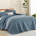 Litanika Oversized Queen Quilt Set Blue Linen, 98x98 Stripe Bedspread Coverlet by Litanika