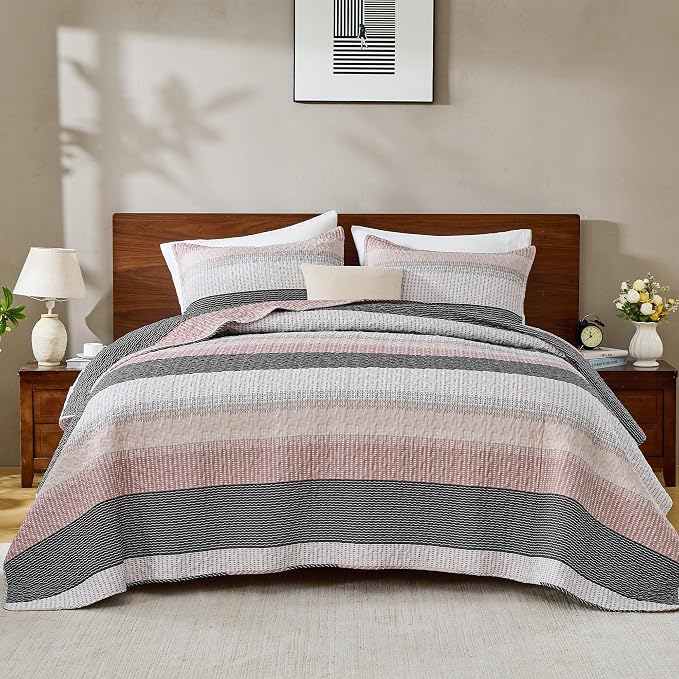 Andency King Size Quilt Set Grey Pink, 3 Pieces Summer Ultra Soft Lightweight - Image 7