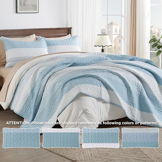 Andency Queen Quilt Bedding Set Aqua Blue, 3 Pieces Patchwork Summer Striped - Image 4