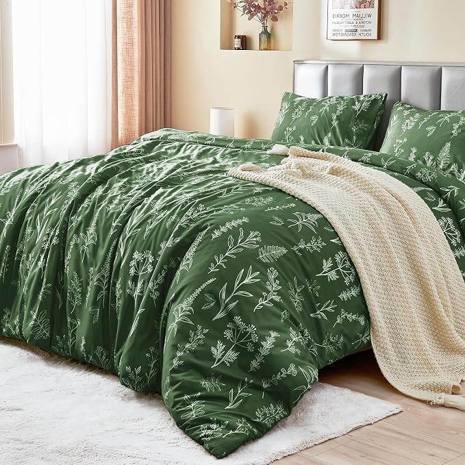MUXHOMO Duvet Cover King Size, Reversible Floral Dark Green Duvet Cover Set - Image 2