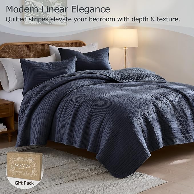 palassio Striped Navy Blue 100% Cotton Quilt King Size Bedding Sets, - Image 2