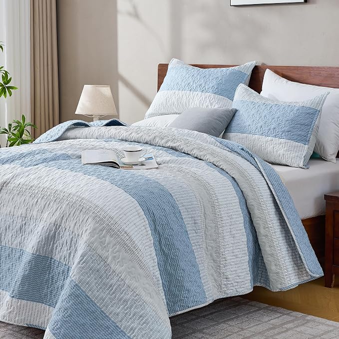 Andency King Size Quilt Set Misty Blue, 3 Pieces Summer Ultra Soft Lightweight by Andency
